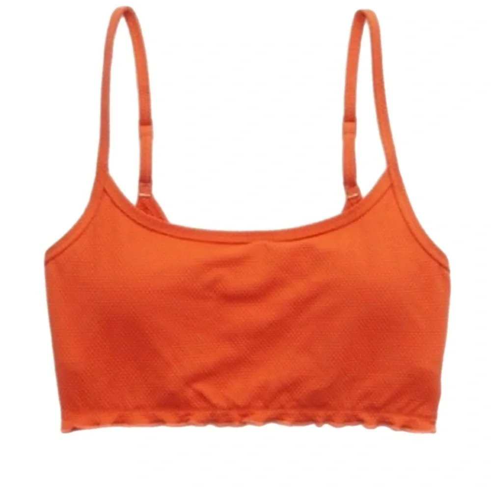 New Aerie Women’s Swimsuit Top Ribbed Lettuce Hem Size M Longline Bikini Orange